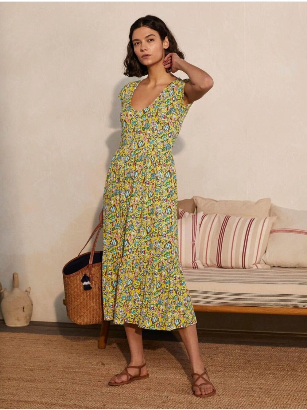 Boden Voop Cotton Tiered Midi Dress Daffodil Kaleidoscopic Floral Yellow 8L